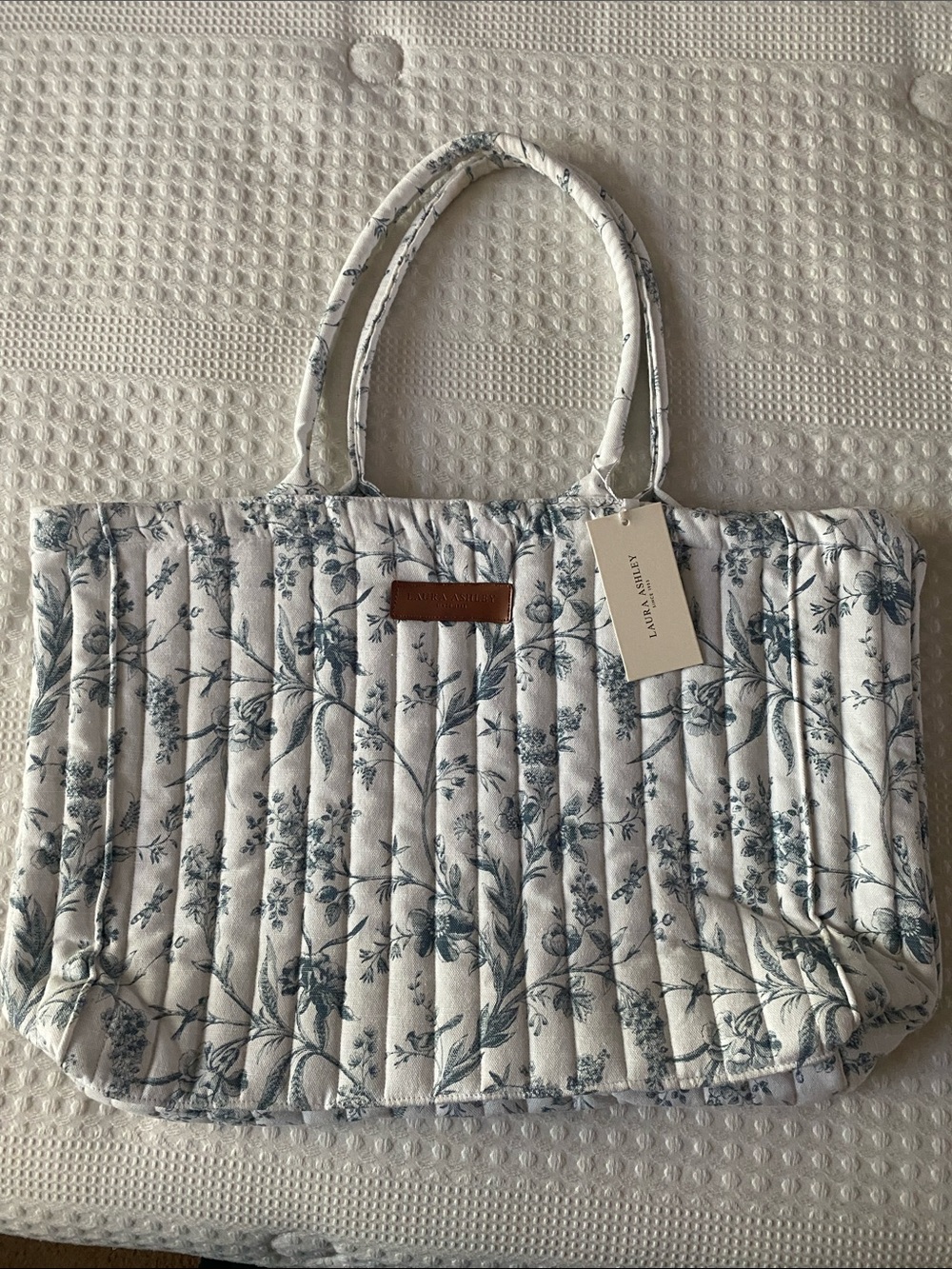 T.J. Maxx Laura Ashley White Quilted Tote with Blue Floral Print